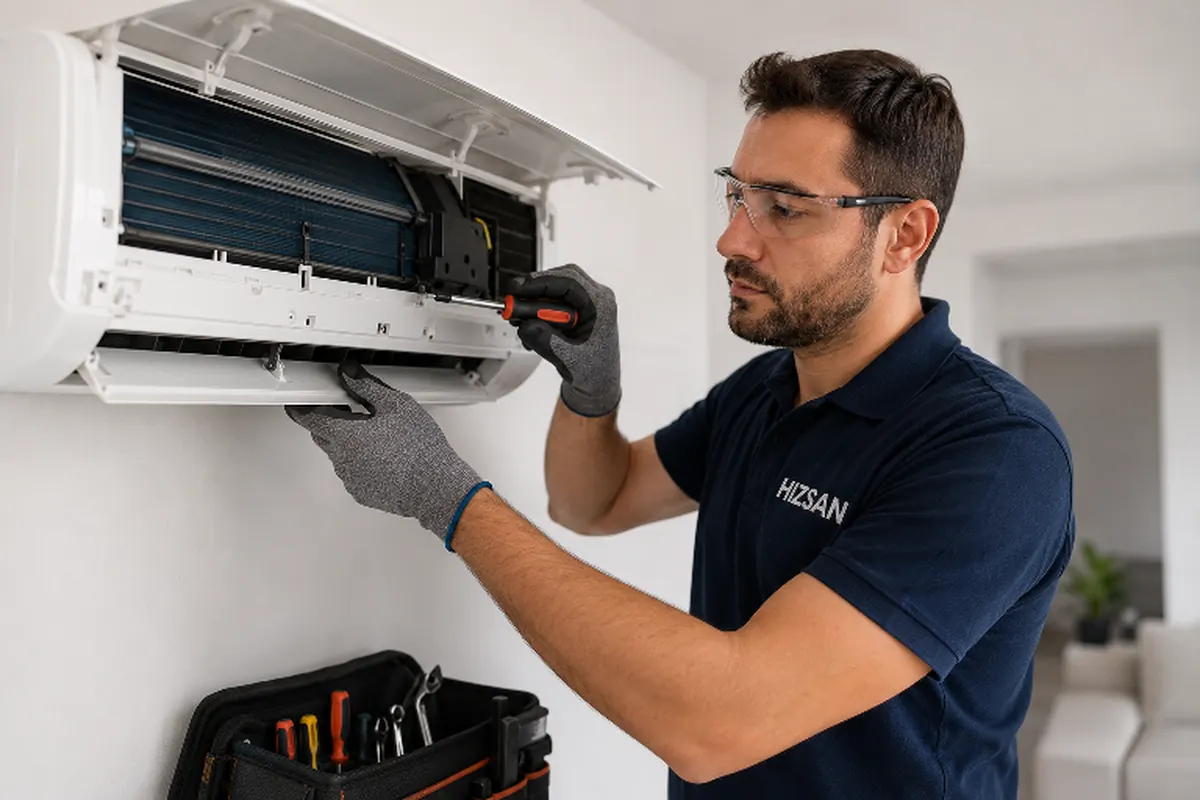 Technician opening a wall-mounted AC unit for servicing