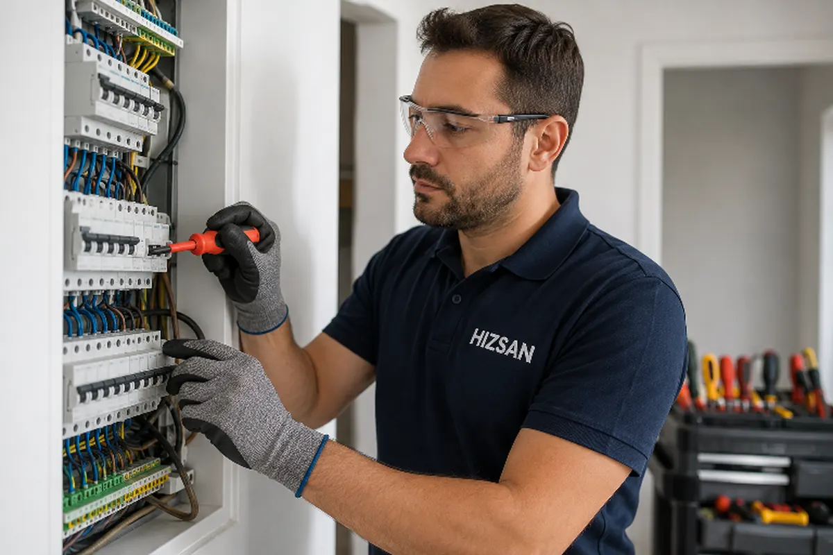 Technician working on a building distribution board